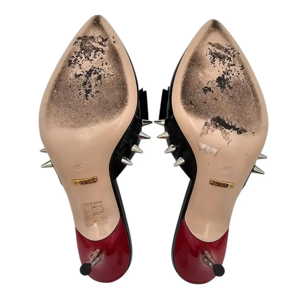 Gucci GG Bow Sadie Mid Heel Mule Spike Black Patent Leather Size 38 US 8